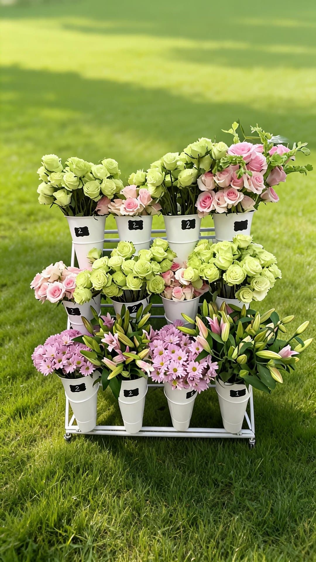 The Day Dream Affairs flower cart on a lush green lawn — buckets of green roses, pink blooms, daisies, and lilies for guests to choose from