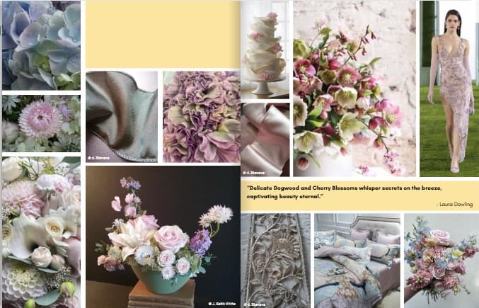 2026 cherry blossom floral trend mood board — soft pink and lavender arrangements and palette
